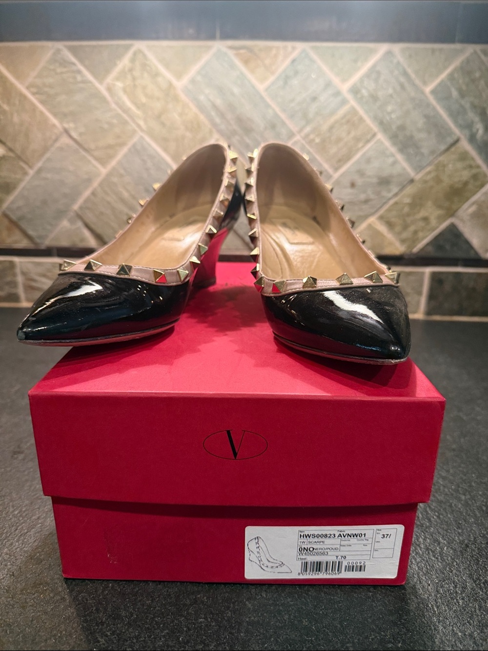 Valentino Black Patent Rockstud Pointed-Toe Pumps with Beige Trim and Gold Studd